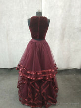 Simple Burgundy Two Pieces Tulle Long Prom Dress, Burgundy Evening Dress
